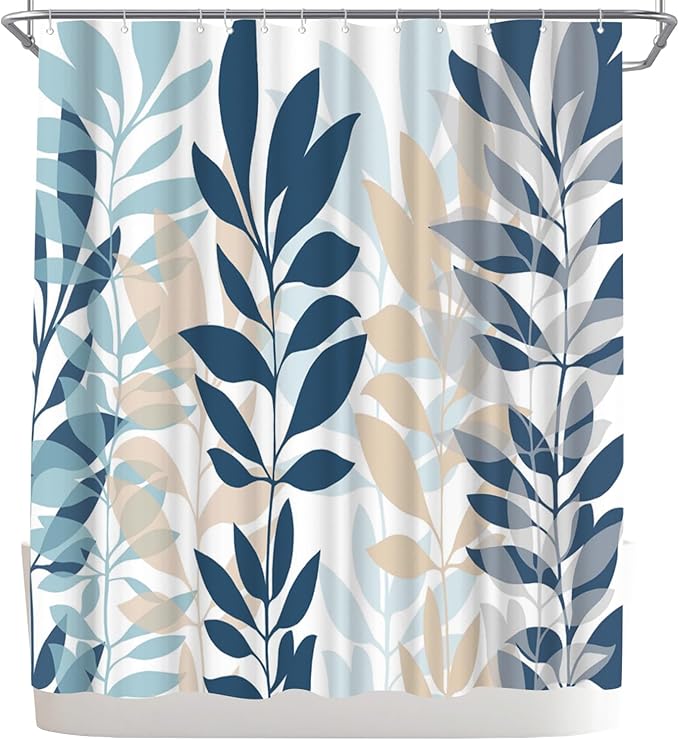 WELMECO Blue Shower Curtain Botanical Shower Curtain Blue Bathroom Decor Polyester Fabric, 72x72inch