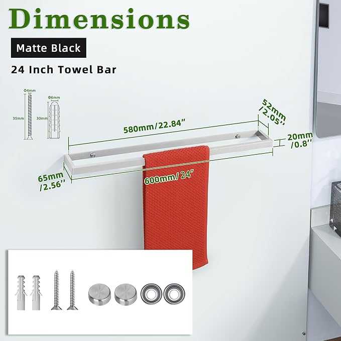 Alise Bath Towel Bar,Wall Mount 24 Inch Towel Holder,Towel Racks for Bathroom, Towel Rail for Lavatory,SUS304 Stainless Steel Hand Towel Hanger,Brushed Finish