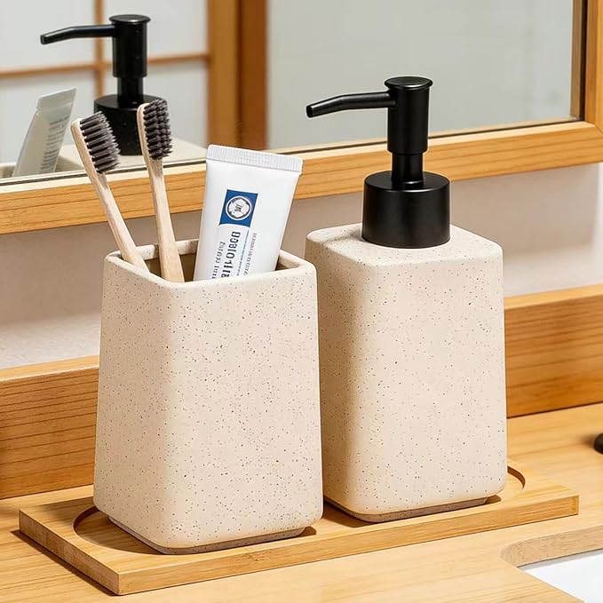 Beige Soap Dispenser and Toothbrush Holder Set,Ceramic Bathroom Accessories Set with Tray.Lotion Dispenser and Tumbler for Modern Bathroom Decor
