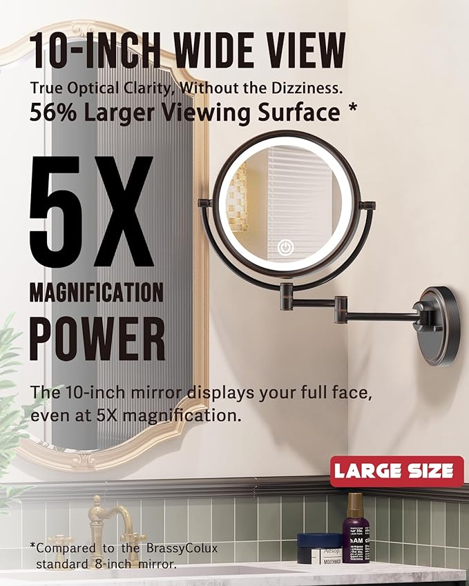10" Large Wall Mounted Makeup Mirror with Lights, Rechargeable 1X/5X Double-Sided 3 Color 5000mAh Touch Dimmable Antique Extended Swing Arm 360 Rotation for Bathroom, Oil Rubbed Bronze