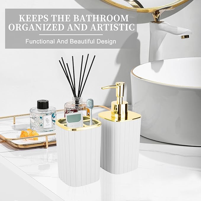 2PCS Bathroom Accessories Set, White and Gold Bathroom Accessories Include Soap Dispenser and Toothbrush Holder for Boho Bathroom Decor