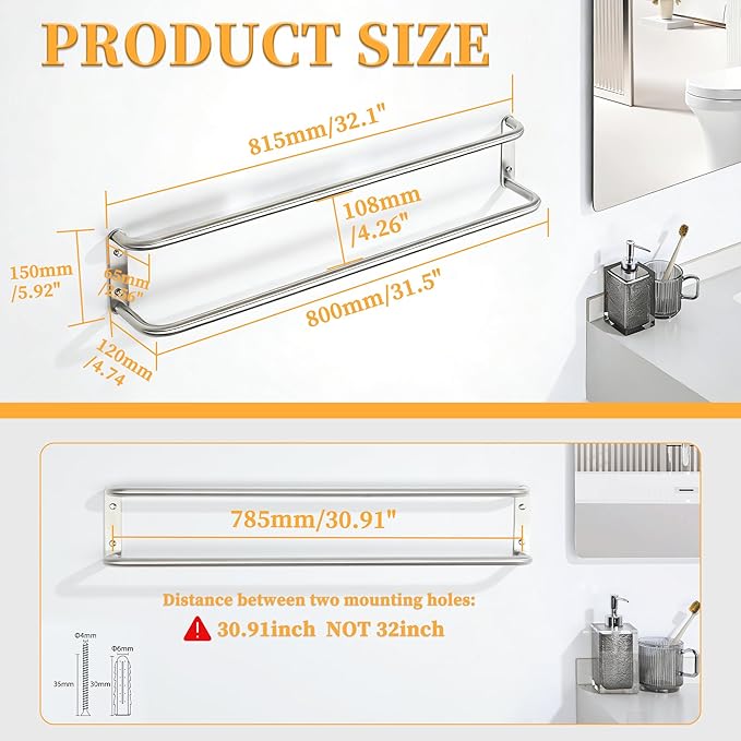 Alise Double Towel Bar,32 Inch Towel Racks for Bathroom, SUS304 Stainless Steel Towel Bar for Bathroom Wall,Quick Drying Bathroom Towel Holder,Long Bath Towel Hanger,Brushed Nickel