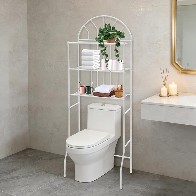 3-Tier Over The Toilet Rack, Bathroom Storage Shelf Organizer with Freestanding Metal Frame, Space-Saving for Toiletries and Essentials, White Bathroom Rack with Open Design for Toilet or Laundry Area