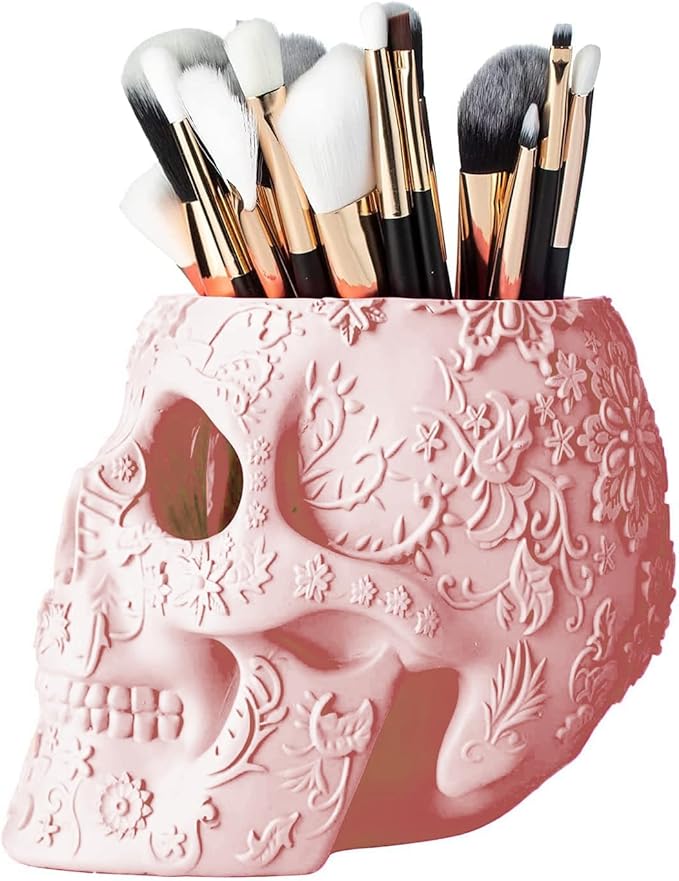 Skull Makeup Brush Holder, Pen Holder, Vanity, Desk, Office Organizer, Stationary, Decor Planter, Candy Bowl, Goth Decorations, Extra Large, Skulls Gothic Skull & Bones Organizer Bathroom (Cloud Pink)