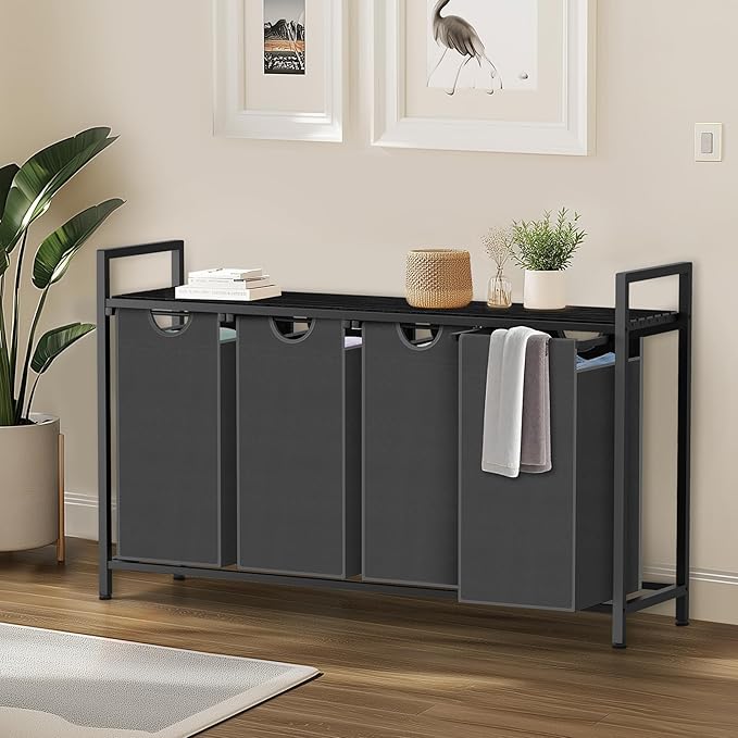 Sonharlar Laundry Hamper, Laundry Sorter with 4 Pull-Out Removable Oxford Fabric Bags Cloth Laundry Basket 4 x 10 Gallons (Grey and Charcoal Black)