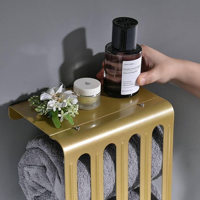 simpletome Towel Storage Rack Adjustable Height Wall Mount Bathroom Shelf Organizer Carbon Steel (Warm Gold)