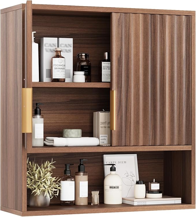 VINGLI Bathroom Wall Cabinet, Walnut Fluted Medicine Cabinet with Doors, Wall Mounted Storage Cabinet Over Toilet with Adjustable Shelf, Mid-Century Hanging Organizer for Kitchen, Laundry