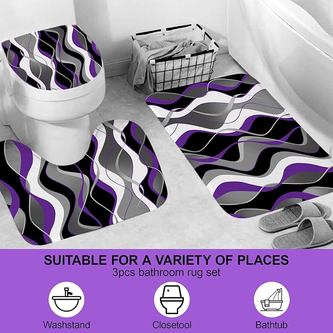 beifivcl 4Pcs Purple Shower Curtain Sets with Non-Slip Rugs, Toilet Lid Cover and Bath Mat, Black and Gray Bathroom Decor Set Accessories Fabric Waterproof Shower Curtains with 12 Hooks, 72 x 72 Inch