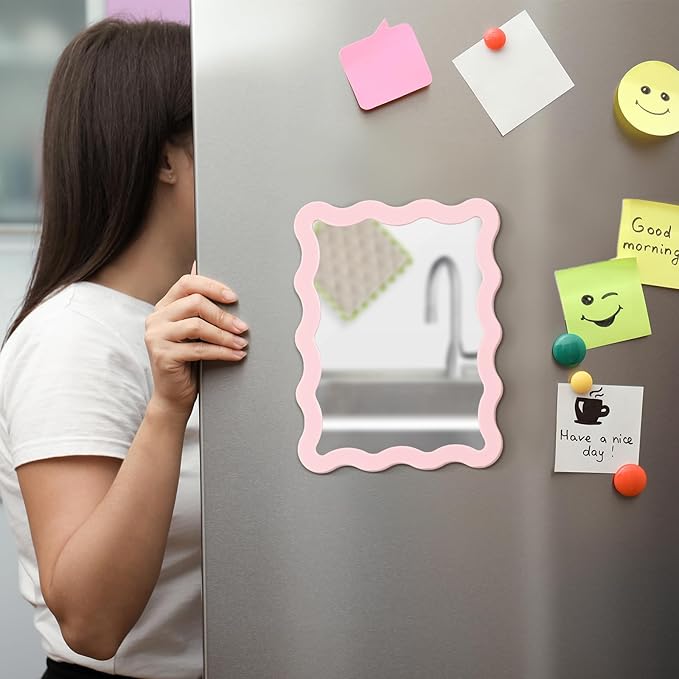 Leinuosen 1 Pcs Scalloped Magnetic Locker Mirror Small Real Glass Makeup Mirror with Magnetic Backing Cute Locker Decorations for Office Cabinet Lockers Accessories (5 x 7 Inch,Pink)