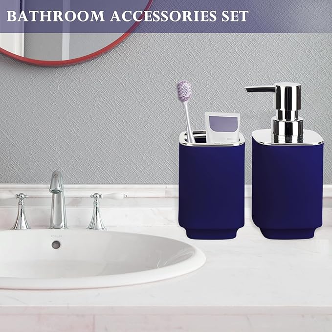 Navy Blue Bathroom Accessories 2 Pieces, Soap Dispenser and Toothbrush Holder Set for Boho Bathroom