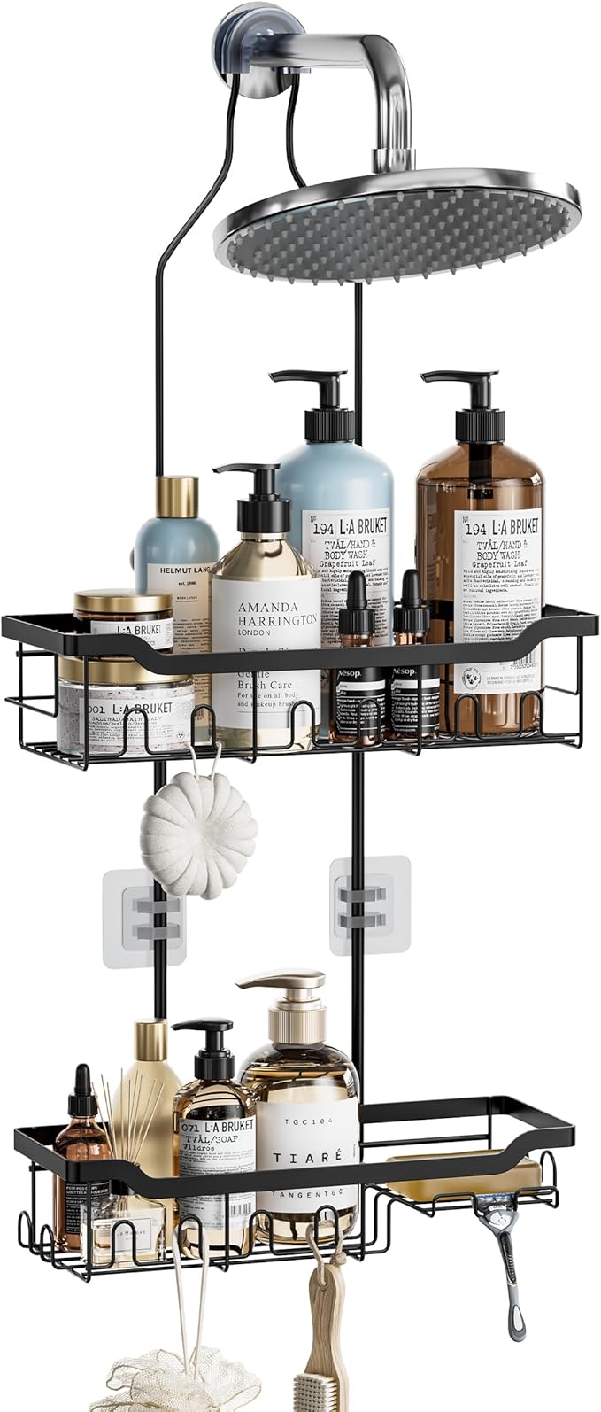 Skyapex Hanging Shower Caddy Over Showerhead: Extra Long Adjustable Height Shower Organizer, Rustproof Shower Shelf Rack with Soap Holder for Large Shampoo Bottles