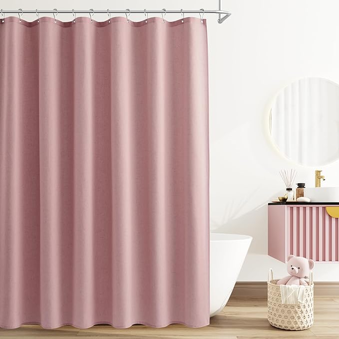 Naturoom Pink Linen Shower Curtain, Country Boho Farmhouse Bath Decor Shower Curtains Neutral Cloth Weighted Textured Fabric Bath Curtain Liner with Hooks, 72x80