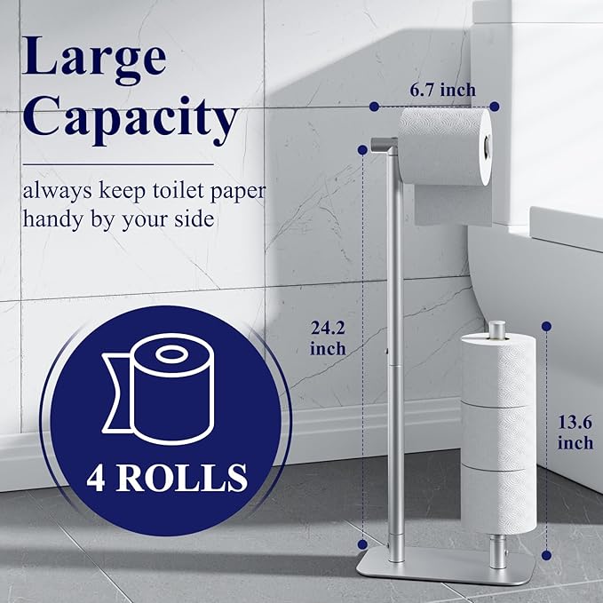 Kitsure Toilet Paper Holder Free Standing - Large Capacity Toilet Paper Holder for 4 Rolls, Rustproof Toilet Paper Stand with Non-Slip Stable Base, Silver, Medium