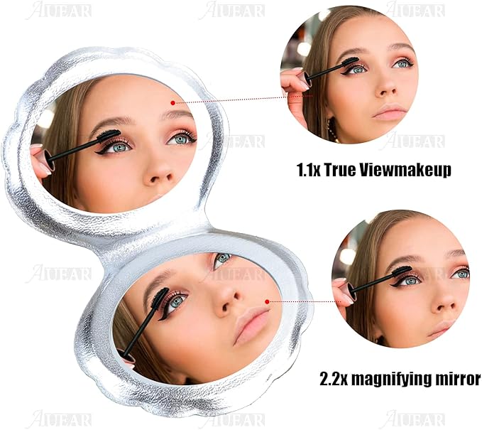 AUEAR, 4 Pack Glitter Shell Mirror Double-Sided Magnification Makeup Mini Portable Foldable Handheld Compact for Purse Handbag Pocket Women Colors