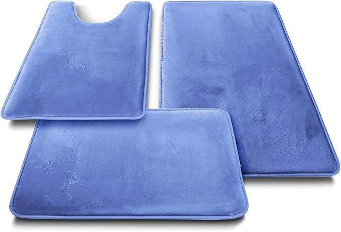 Clara Clark 2 Piece Bathroom Rugs Bath Mat Set, Velvet Memory Foam Bath Mats for Bathroom - Non-Slip, PVC Backing Bath Rugs, Washable - Dries Quickly, Calm Blue