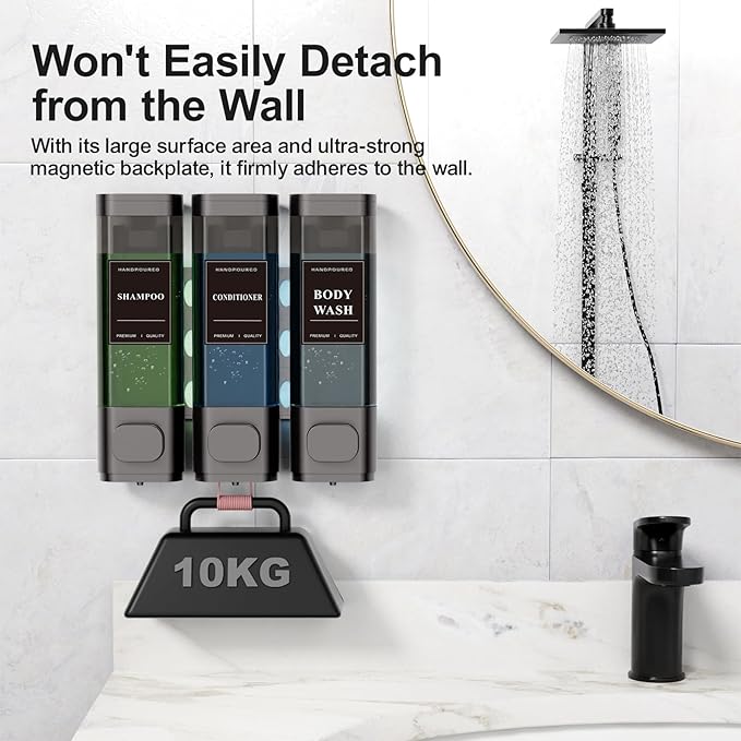 Shampoo and Conditioner Dispenser – Wall-Mounted Shower Soap Dispenser, No-Drill Installation, Lockable, 900 ml Capacity,for Bathroom & Hotel or Airbnb (Gun Gray, 3-Pack)