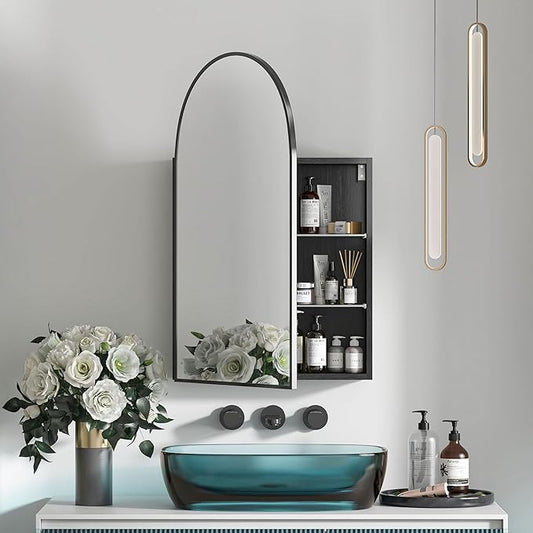 Arched Medicine Cabinet Mirror for Bathroom, Brushed Black Arch Mirror Cabinet with Storage,Adjustable Shelves, Wall Mounted Only, Modern Bathroom Storage,20x32 Inch