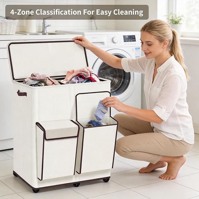180L Large Dual Laundry Hamper With Lid And Wheels, Big Rolling Laundry Basket 2 Section Dirty Clothes Basket With 2 Side Pockets, Laundry Hanper With 2 Removable Bag For Laundry Room, Bedroom (White)