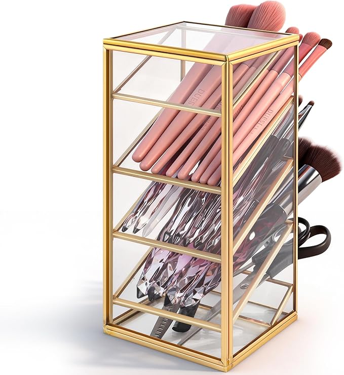 Peohud Rollerball Perfume Organizer, 4 Compartment Gold Glass Makeup Brush Holder, Vintage Desktop Organizer for Lipstick, Pen, Pencil, Home, Bathroom