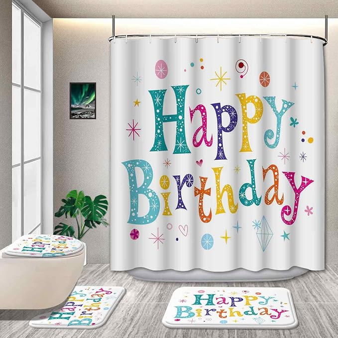 4 Pcs Colorful Happy Kids Birthday Shower Curtain Sets with Non-Slip Rugs, Lovely Kid's Birthday Shower Curtain Colorful Cartoon White Fabric Bathroom Shower Curtain with 12 Hooks, 72" x 72"