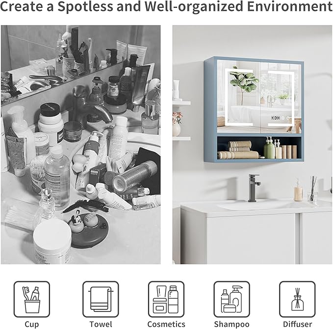 Bathroom Medicine Cabinet with Mirror, Lighted Storage Cabinet Wall Mounted with Doors & Adjustable Wood Shelf, Modern Bathroom Mirror with LED Lights Defogger for Makeup Laundry/Living Room, Grey
