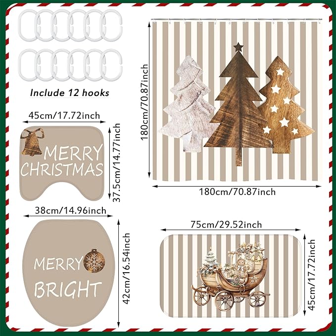 Drydiet 4 Pcs Christmas Shower Curtain Set Bathroom Decoration Non Slip Rugs Mat Toilet Lid Cover Shower Curtain for Xmas Holiday Farmhouse Home Bathroom Decor(Brown Christmas)