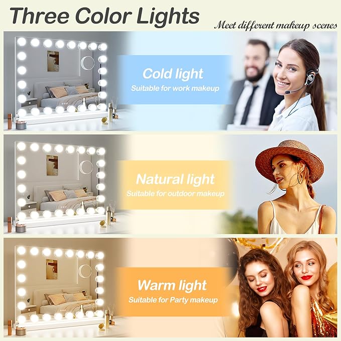 Gvnkvn Vanity Mirror with Lights, 32WX24LTabletop Hollyhood Makeup Mirror, Hollywood Lighted Mirror with 24 Dimmable LED Bulbs,USB & Type-C Charging,Touch Control,Metal Frame,Black