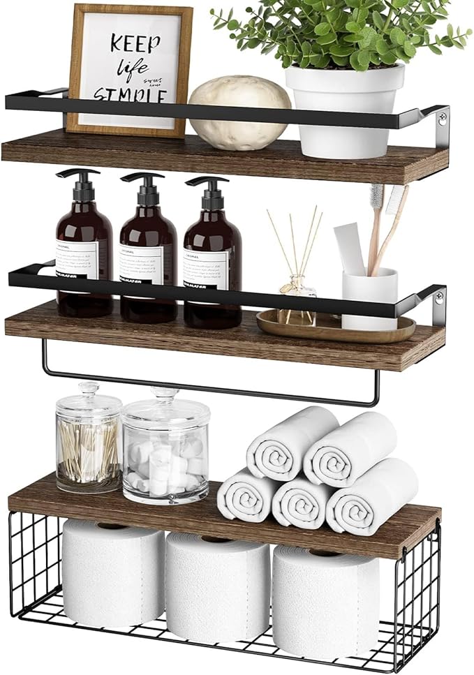 Generic Wooden Floating Shelves for Bathroom Organizer Over Toilet Wall Shelf Bathroom Organizer with Metal Frame Bathroom Shelf with Basket Storage Rack (Heavy Burning Color)
