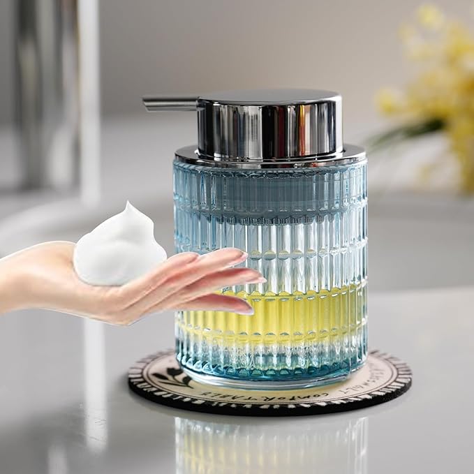 CICUFY Glass Foam Soap or Lotion Dispenser, Refillable Liquid Dispenser with Large Silver Pump (Striped Pattern-Blue)