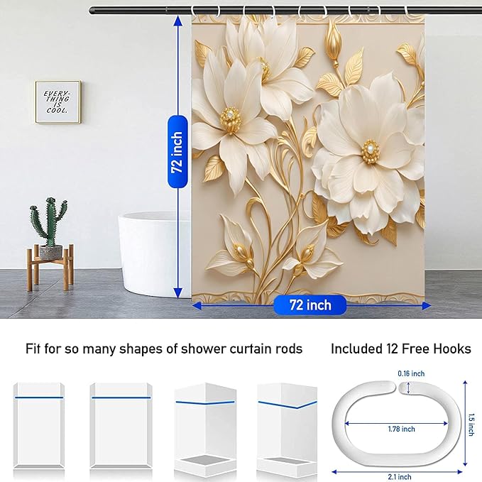 NBVKO 4Pcs Luxury Magnolia Blossoms Printed Shower Curtain Set with 12 Hooks Non-Slip Rugs,Toilet Lid Cover and Bath Mat,Gold Bathroom Decor for Hotel & Home Bathroom