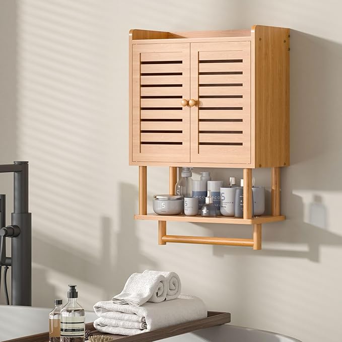 Bathroom Wall Cabinet, Over The Toilet Storage Cabinet with Adjustable Shelves, Medicine Cabinets with Towel Bar, Bamboo Wall Mounted Hanging Cabinet with 2 Door for Laundry Room, Bedroom