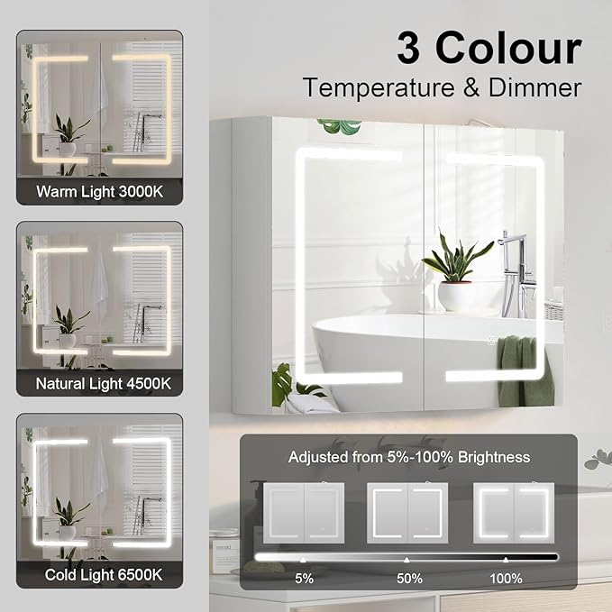 Medicine Cabinet with Lights, Lighted Bathroom Medicine Cabinet with Sockets & USB, Large Mirror Cabinet with Electrical Outlet, LED Mirror Cabinet,Color Adjustment,Wall Mounted 32X24Inch