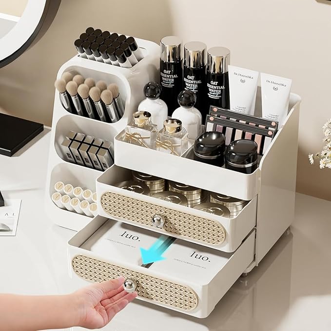 Booklov Makeup Organizer for Vanity, Large Capacity Cosmetic Display Case with Drawers, Countertop Beauty Storage Holder for Skincare, Brush Eyeliner Perfume Eyeshadow Lipsticks, Counter Desk, White