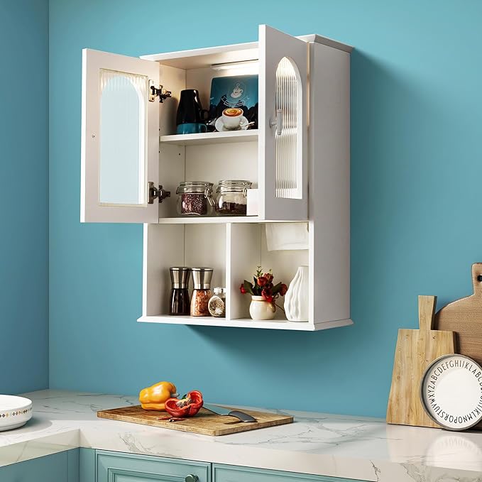 VANIRROR Bathroom Wall Cabinet with Lighting & Tissue Hole, Wall Mounted Glass Door Medicine Cabinet Over Toilet Storage for Laundry Room Kitchen