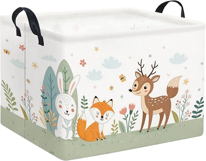 Rectangular Kids Storage Basket Baby Storage Basket with Handles for Home Kitchen Boys and Girls Cute Toy Storage Bin Organizer Shelf Book Room Decor(Flower Animal)