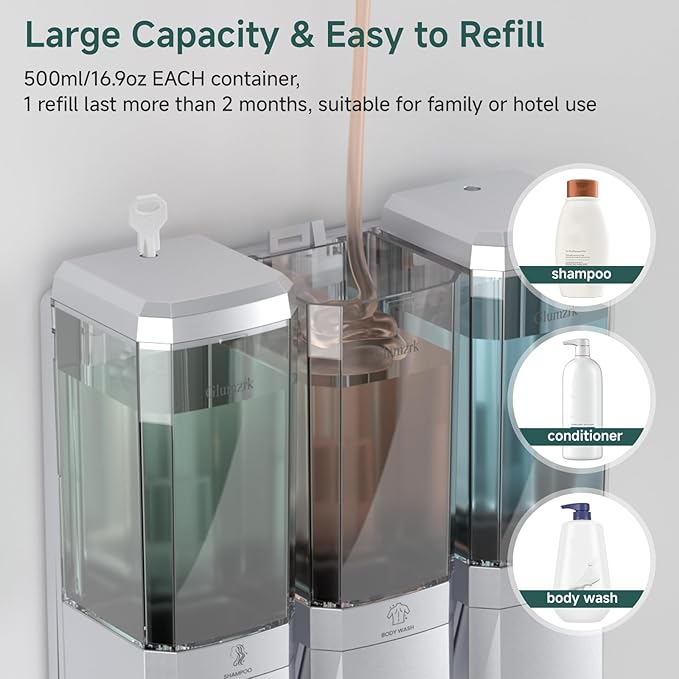Shampoo and Conditioner Dispenser 3 Chamber No Drill Shower Soap Dispenser Wall Mounted Shampoo Conditioner Body Wash Dispenser 3 * 500ml Refillable Shower Dispenser for Bathroom Hotel, Silver