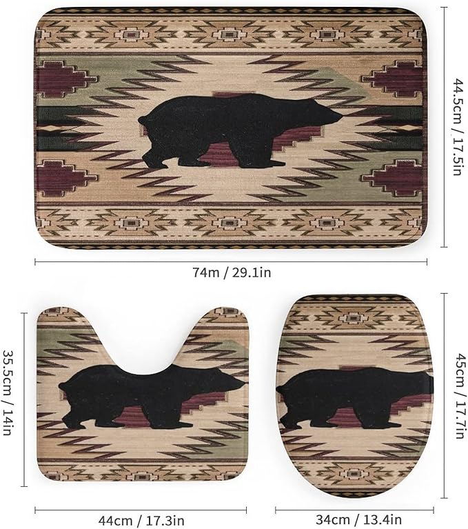Rustic Black Bear Shower Curtain Sets with Rugs 4 Piece Accessories Bathroom Curtains Shower Set Include Shower Curtain Non-Slip Rug Toilet Lid Cover Bath Mat One Size