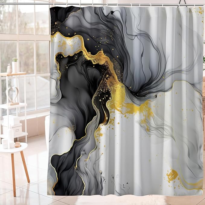 Black and Gold Marble Shower Curtain Abstract Ink Texture Modern Ombre,Neutral Luxury Fabric Shower Curtains for Bathroom Decor 72x72 Inch