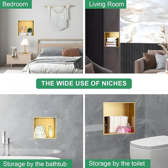 SaniteModar Shower Niche, Stainless Steel Shower Niche No Tile Needed, Recessed for Bathroom Storage (Brushed Gold, 12x12)