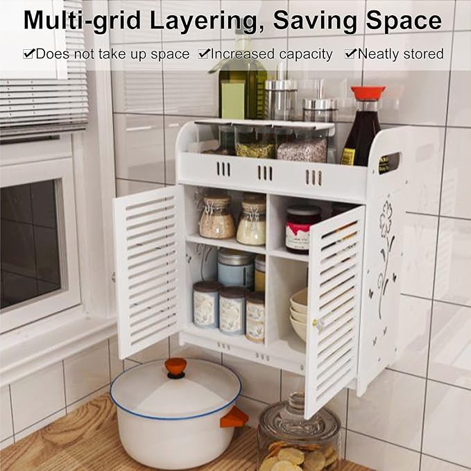 Bathroom Cabinet, Bathroom Wall Cabinet, Self-Adhesive Vent Doors Bathroom Shelf, Multi-Grid Tiers Hollow Flower Pattern Wall Mounted Bathroom Storage Rack for Bathroom, Laundry White