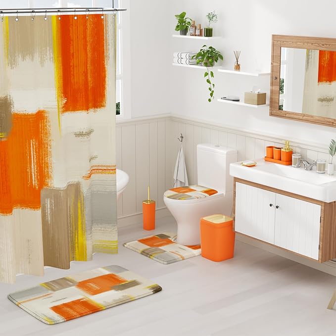 XLHOMO Bathroom Accessories Set - 25PC Bathroom Set with Shower Curtain and Rugs, Orange Bathroom Set, Bathroom Accessory Set with Press-on Lid Trash Can, Soap Dispenser and Qtip Holders