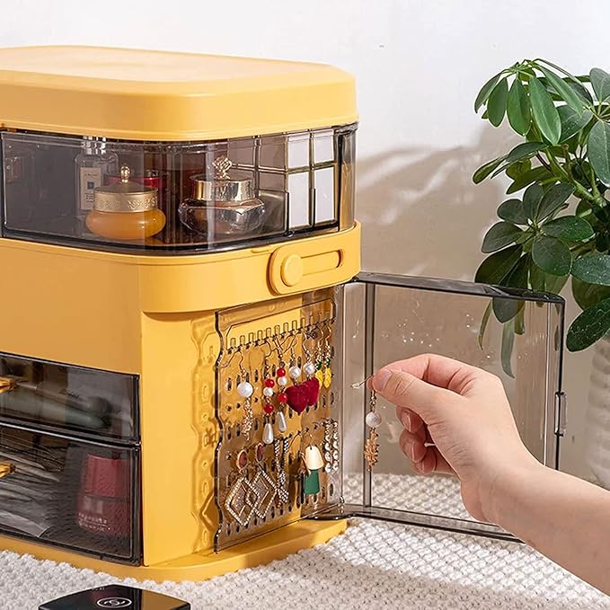 Makeup Organizer (Orange with LED) Fully Open Lid Drawers Handle Skincare Case elegant display cabinet for Bathroom Countertop and Bedroom Vanity Dresser，Cosmetics storage display rack with drawer