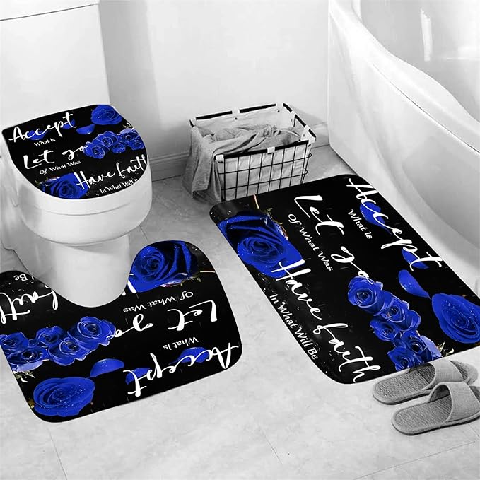 Yddsky 4 Pcs Blue Rose Shower Curtain Sets with Rugs Black Blessed Bathroom Sets with Shower Curtain and Rugs Bathroom Curtains Shower Set with Toilet Lid Cover for Women Bathroom Decor Accessories