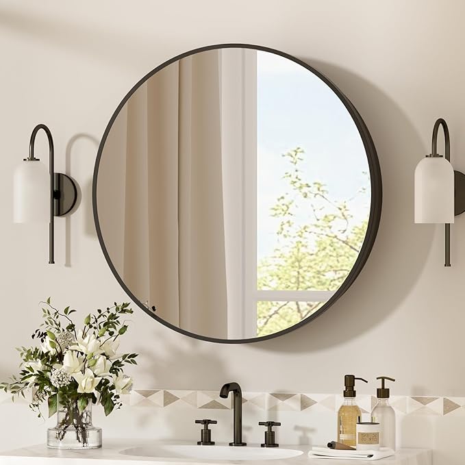 28 x 28 Inch Round Medicine Cabinet with Mirror,Black Circular Bathroom Cabinet Wall Mounted,Metal Framed Mirror Medicine Cabinet with Adjustable Shelves for Bathroom Vanity