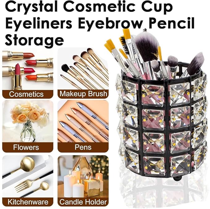 AKOAK 1 Pack Crystal Makeup Brush Holder Office Supplies Storage Rack Eyebrow Pencil/Lipstick/Pencil Makeup Container, Dressing Table, Bedroom, Office (Black)