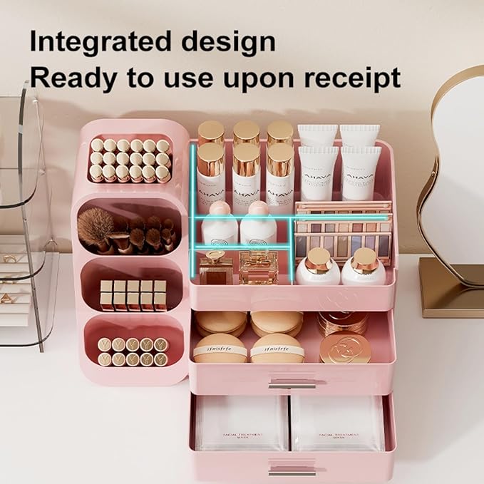 Makeup Organizer for Vanity, Large Capacity Cosmetic Display Case with Drawers, Countertop Beauty Storage Holder for Skincare, Brush Eyeliner Perfume Eyeshadow Lipsticks, Counter Desk, Pink