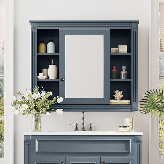 Merax Medicine Cabinet with Mirror, Wall Mount Bathroom Cabinet 35" x 28" Over Toilet Storage Cabinet Organizer with Door and Open Shelves, Mirrored Bathroom Wall Cabinet