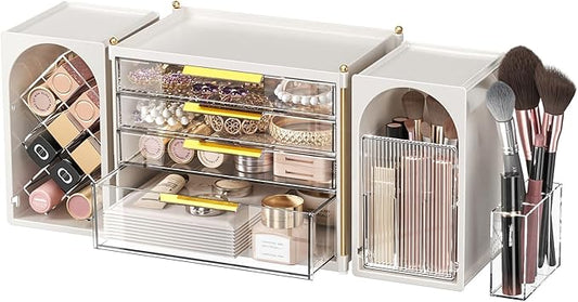 4-Tier Drawer Makeup Organizer, 3-in-1 Free Combination Cosmetic Storage with Lipstick Holder & Brush Rack, Skincare Organizer with Mini Tray for Vanity Bathroom Bedroom Dorm