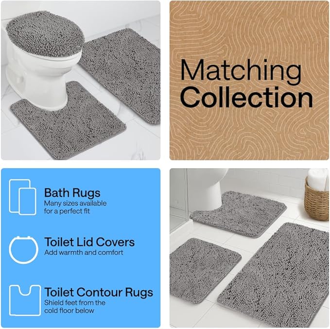 GORILLA GRIP Plush Absorbent Shaggy Chenille Bath Rug Mat for Square Toilet Base with Rubber Backing, Machine Washable Rugs, Soft Microfiber Contour Mats for Toilets, Bathroom Decor, Grey