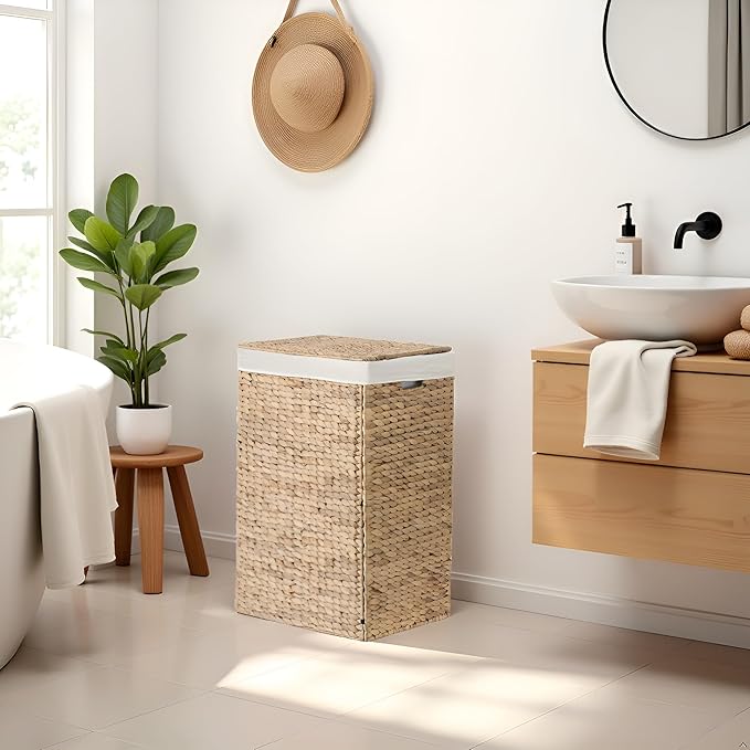Nivora Water Hyacinth Laundry Hamper Brown 15 x 11.8 x 24 Inches - 64 Liters/18 Gallons with Removable Liner - Woven Organizer for Dirty Clothes, Bedroom Laundry, or Bathroom Towel Storage